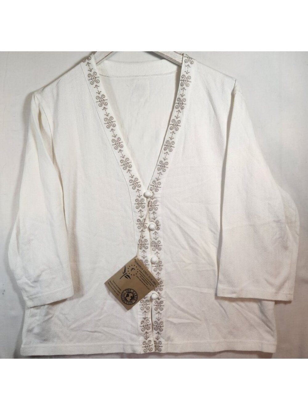 The Earth Collection Cotton Embroidered Tie Back Cardigan Sweater Off White L
